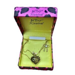 NIB Betsey Johnson Multi Strand Puffy Heart Animal Print Bow Charm Necklace